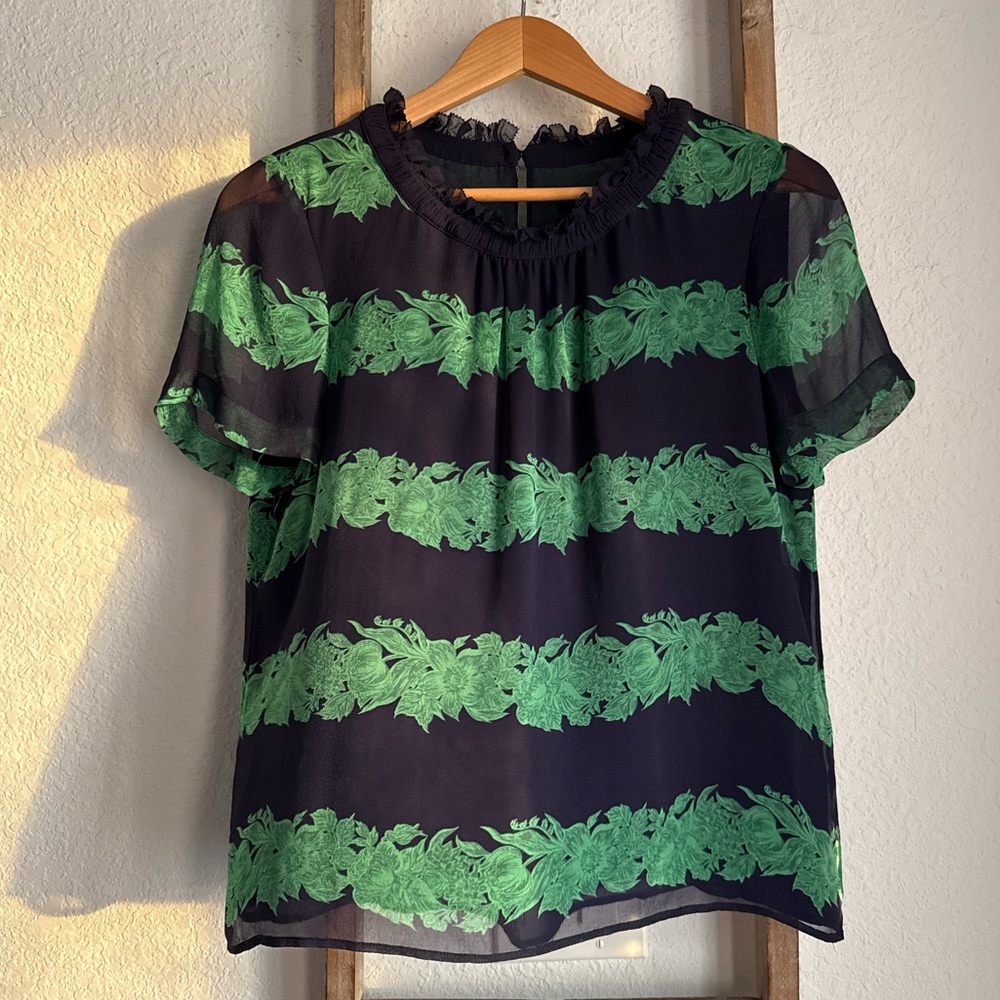 J. Crew Silk Ruffle Top In Beanstalk Stripe Sz: 10